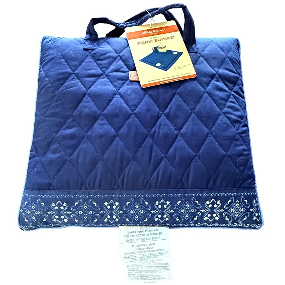 Eddie Bauer All Weather Picnic Blanket Navy Quilted Water Resistant NWT